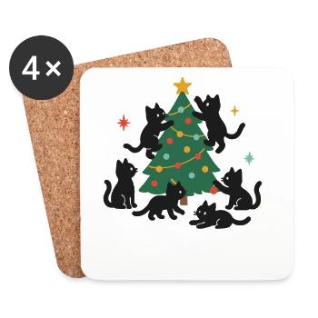 Chats de Noël amusants avec sapin de Noël décoré - Dessous de verre (lot de 4) - blanc - Devant