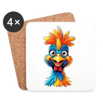 dessin animé de coq en plumes colorées - Dessous de verre (lot de 4) - blanc - Devant