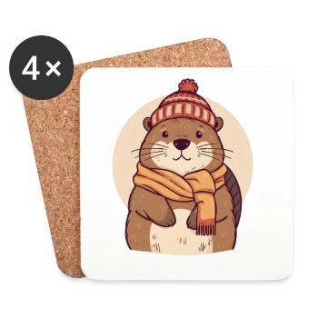Winter Bieber with scarf and hat - Coasters (set of 4) - white - Front