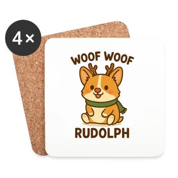 Corgi de Noël Kawaii mignon – Woof Woof Rudolph - Dessous de verre (lot de 4) - blanc - Devant