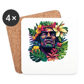 Tropischer Gesichtskopf mit Blumenkranz - Untersetzer (4er-Set) - Weiß - Vorne