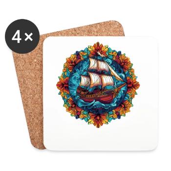 Flower Ring Sailing Ship Illustration - Coasters (set of 4) - white - Front