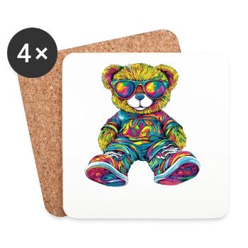 Ours en peluche coloré avec lunettes de soleil - Dessous de verre (lot de 4) - blanc - Devant