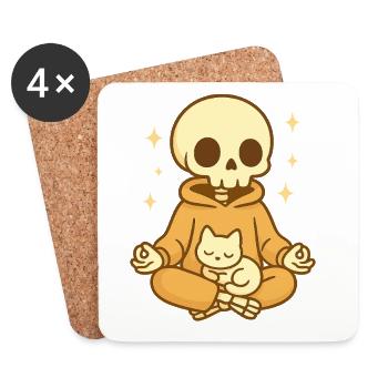 Squelette de méditation avec chat – Douillet et mignon - Dessous de verre (lot de 4) - blanc - Devant