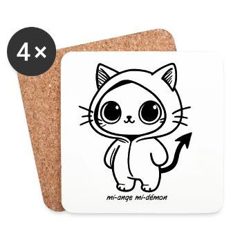 Chat kawaii en hoodie noir, mi-ange mi-démon - Dessous de verre (lot de 4) - blanc - Devant
