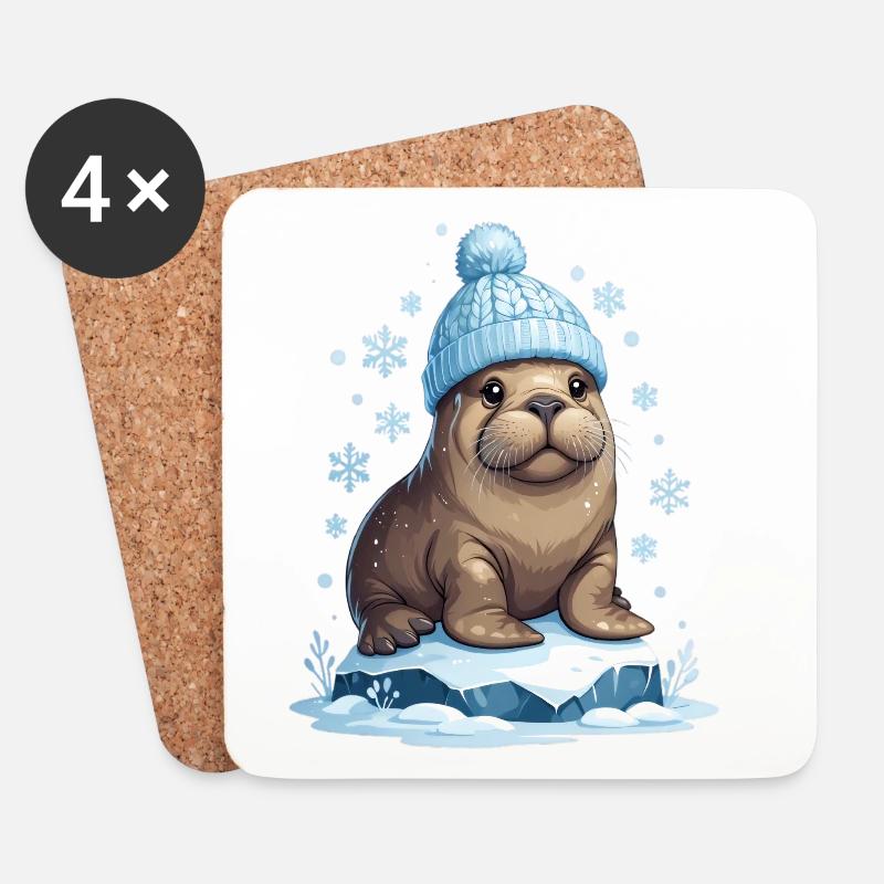 Winter-Seelöwe mit blauer Mütze - Untersetzer (4er-Set) - Weiß