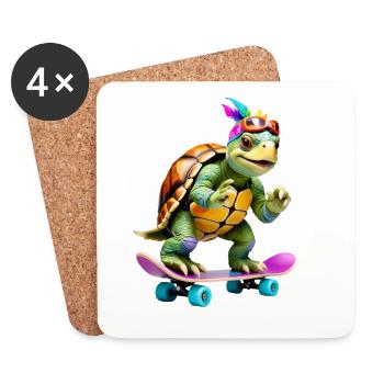 Skateboard-Schildkröte mit Farbfedern - Untersetzer (4er-Set) - Weiß - Vorne