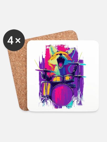 Wilder Fuchs am Schlagzeug - Rock Drummer Geschenk - Untersetzer (4er-Set) - Weiß