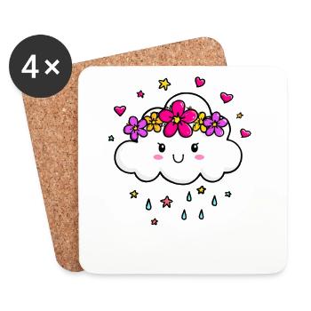 Nuage avec couronne de fleurs - Dessous de verre (lot de 4) - blanc - Devant