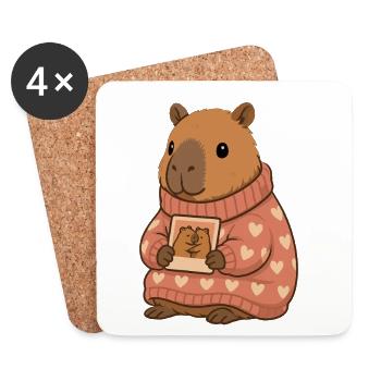 Capybara in a heart sweater with photo – Cozy Motif - Coasters (set of 4) - white - Front