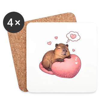 Capybara endormi – Motif de cœur douillet - Dessous de verre (lot de 4) - blanc - Devant