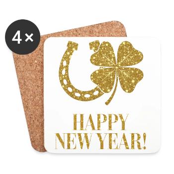 Kleeblatt Hufeisen Glück golden Happy New Year  - Untersetzer (4er-Set) - Weiß - Vorne