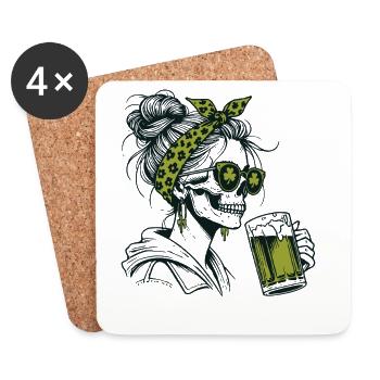 Squelette de trèfle avec bière, Saint Patrick drôle - Dessous de verre (lot de 4) - blanc - Devant