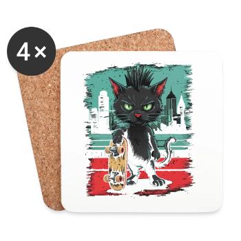 Skater Punk Cat with Board in Urban Style - Coasters (set of 4) - white - Front