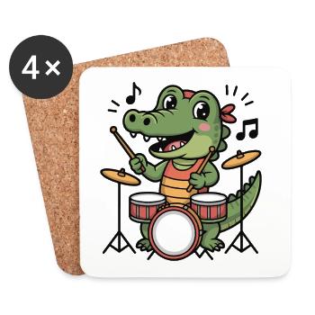 Krokodil-Drummer Cartoon-Design - Untersetzer (4er-Set) - Weiß - Vorne