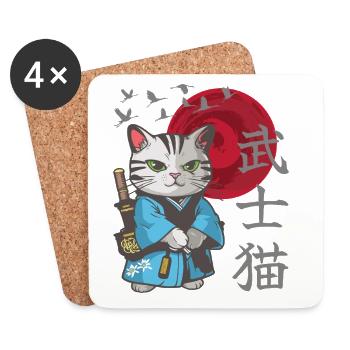 Cat Anime Japanese Samurai Kitten - Coasters (set of 4) - white - Front
