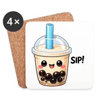 Tasse de thé au lait Kawaii Boba - Dessous de verre (lot de 4) - blanc - Devant