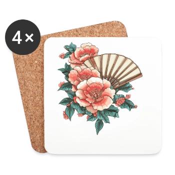 Peony and fans - Coasters (set of 4) - white - Front