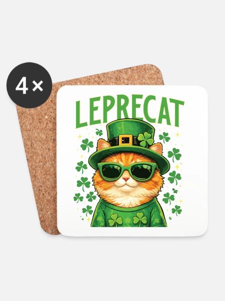 Leprecat St. Patrick's Irish Lucky Cat - Untersetzer (4er-Set) - Weiß