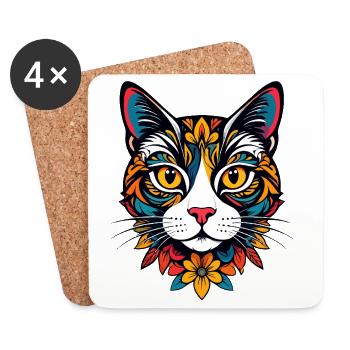 Bunter Katzenkopf mit floralem Muster Katze Motiv - Untersetzer (4er-Set) - Weiß - Vorne
