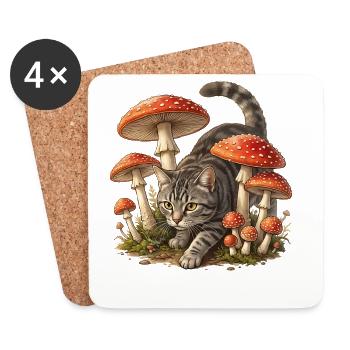 Chat dans la forêt de champignons Art fantastique - Dessous de verre (lot de 4) - blanc - Devant