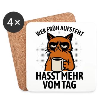 Katze - Wer früh aufsteht hasst mehr vom Tag - Untersetzer (4er-Set) - Weiß - Vorne