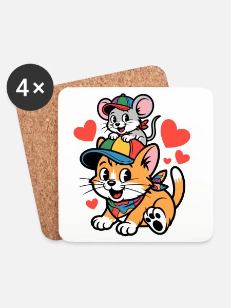 Katze und Maus Freundschaft mit Herz - Untersetzer (4er-Set) - Weiß