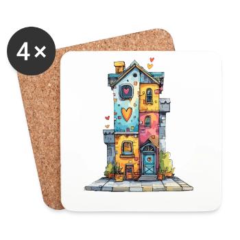 Herzhaus in Aquarellfarben - Untersetzer (4er-Set) - Weiß - Vorne