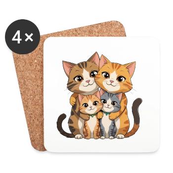 Dessin animé Câlin de Famille de Chat - Dessous de verre (lot de 4) - blanc - Devant