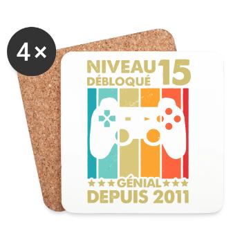 Niveau 15 débloqué génial depuis 2011 Humour gamer - Dessous de verre (lot de 4) - blanc - Devant