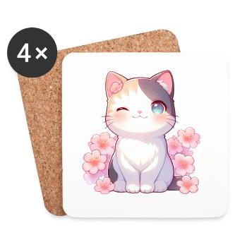 Kawaii Winking Cat Sakura Style Japon - Dessous de verre (lot de 4) - blanc - Devant