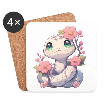 Kawaii Weiße Schlange Sakura - Jahr der Schlange - Untersetzer (4er-Set) - Weiß - Vorne