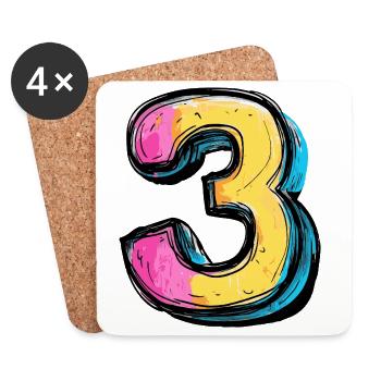 3 Zahl Bunt - Untersetzer (4er-Set) - Weiß - Vorne