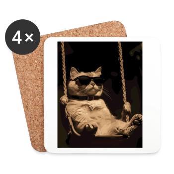 Cat swinging in the dark with sunglasses - Coasters (set of 4) - white - Front
