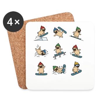 Snowboard Pug Funny Winter Dog Fun - Coasters (set of 4) - white - Front