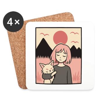 Girl with cat in front of mountains - Coasters (set of 4) - white - Front
