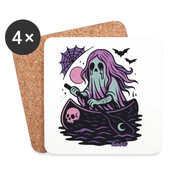 Fantôme dans le bateau avec la lune et la chauve-souris - Dessous de verre (lot de 4) - blanc - Devant