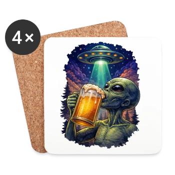 Alien Drinking Beer UFO - Coasters (set of 4) - white - Front