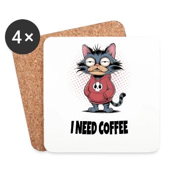  Need Coffee Katze – Lustiger Katzen Spruch - Untersetzer (4er-Set) - Weiß - Vorne
