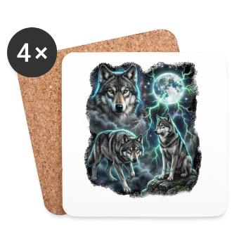 THREE Wild Wolves with Moon Wildlife Designs - Coasters (set of 4) - white - Front