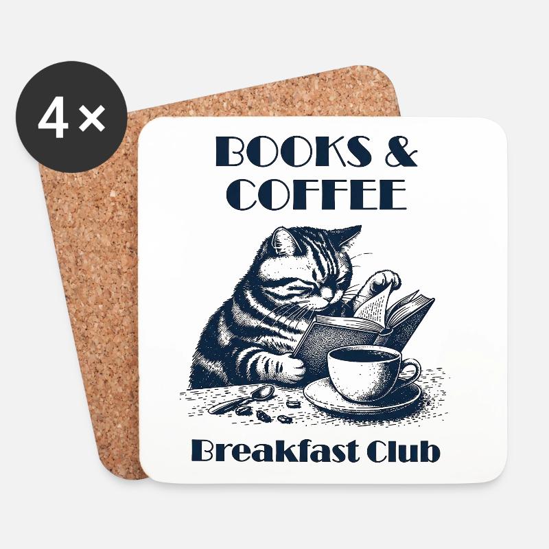 Reading Cat – Bücher & Kaffee - Untersetzer (4er-Set) - Weiß