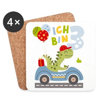 Ich bin 3 – Dino im Auto | Lustiges Geburtstagsshi - Untersetzer (4er-Set) - Weiß - Vorne