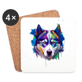 Sibirisches Husky-Hundeporträt Lebendiges Ölgemälde - Untersetzer (4er-Set) - Weiß - Vorne