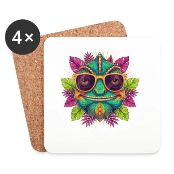 Dino tropical avec lunettes de soleil - Dessous de verre (lot de 4) - blanc - Devant