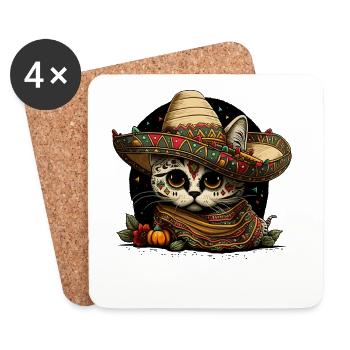 Chat Crâne de sucre dans sombrero mexicain - Dessous de verre (lot de 4) - blanc - Devant