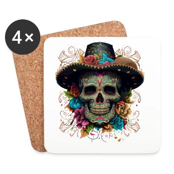 Crâne en sucre vibrant dans un sombrero floral - Dessous de verre (lot de 4) - blanc - Devant