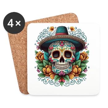 Crâne en sucre avec chapeau et Aztèque floral - Dessous de verre (lot de 4) - blanc - Devant