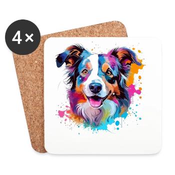 Dog Australian Shepherd Colorful Splash Art - Coasters (set of 4) - white - Front