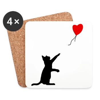 Schwarze Katze und rotes Herz, Katzenballon, Street Art - Untersetzer (4er-Set) - Weiß - Vorne