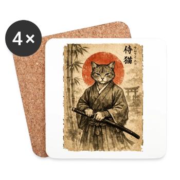 Samurai, Katze, Kater, Japanische Kunst, Anime - Untersetzer (4er-Set) - Weiß - Vorne